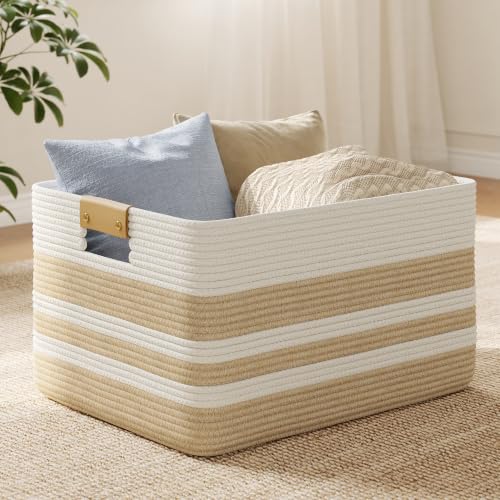 Nunsino 75L Blanket Basket with Leather Handles,Laundry Basket,Brown White - color: Brown White, size: 75L