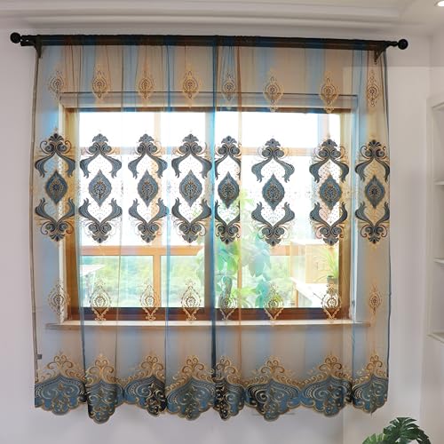 SLOW SOUL Set of 2 Panels Exquisite European Blue Sheer Curtains Golden Floral Embroidered Velvet Sheer Curtain for Living Room Bedroom Dining Room Rod Pocket Blue Tulle 48W X 84L inch Length - color: Blue Tulle, size: 48"W x 84"L (Pack of 2)