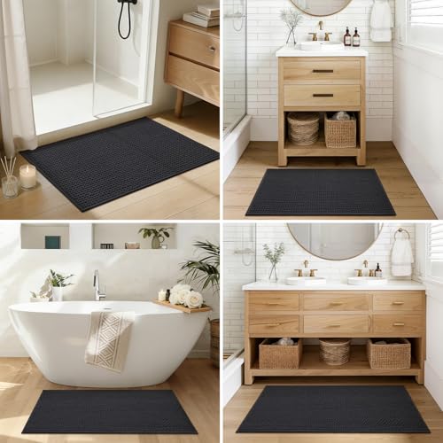 Color&Geometry Black 24x16 Waffle Bath Mat, Rubber Non Slip Bathroom Rug - color: Black, size: 16" × 24" (Small)