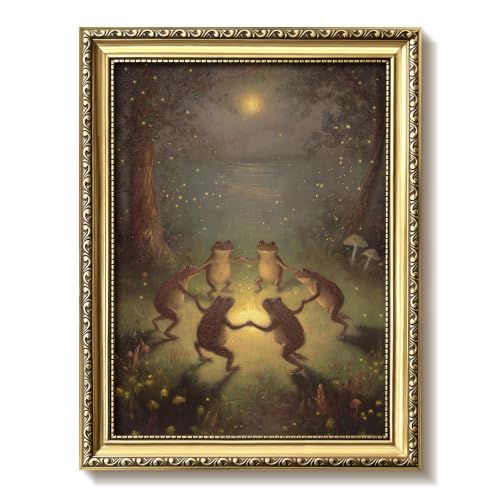 Vintage Gold Framed Frog Wall Art, Dancing Frogs Moonlight Forest Canvas Print, Whimsical Woodland Animal Wall Decor, Retro Country Toad Poster for Living Room Bedroom 8x10in - color: Frog, size: 10"L x 8"W
