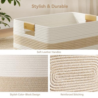 Nunsino 96L Blanket Basket with Leather Handles,Laundry Basket,Brown White - color: Brown White, size: 96L