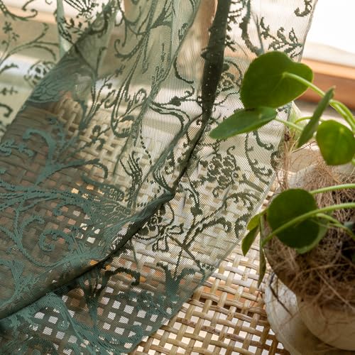 TUDECO Green Lace Curtains 96 Inch Long, Embroidered Floral Sheer 2 Panels - color: Olive Green, size: 59"W x 96"L (Pack of 2)