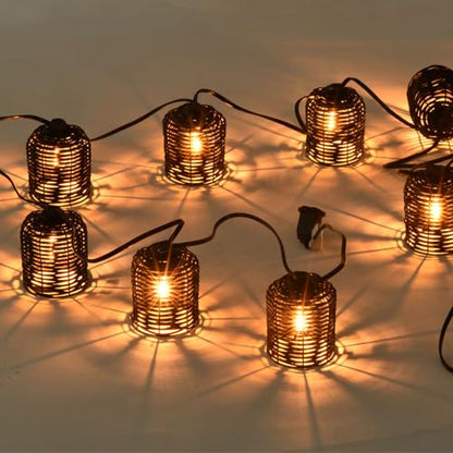 Natural Rattan String Lights, 10 Rustic Raffia Cage, 13 Ft Plug in & Connectable Wicker Lights,Black Rattan - color: Black Rattan