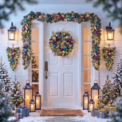 Valery Madelyn 6ft Pre-Lit Christmas Garland with Peacock Feather & Balls - color: Peacock, size: 6 feet