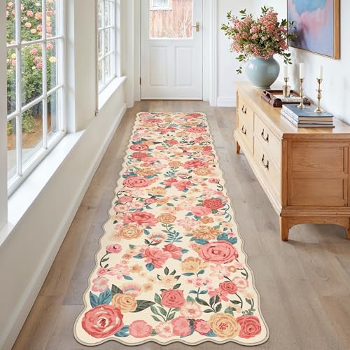 PureCozy Washable Floral Runner Rug 2x8 for Hallway Vintage Beige Carpet - color: Scalloped Beige, size: 2' x 8' (Runner)