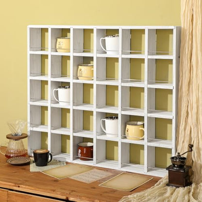Kigley Oversize Coffee Mug Display Rack Wooden Shelves Rustic Shot Glass Display Case Travel Mug Shelf Wall Mounted Rack Holder Shadow Box(5 x 6,White) - color: White, style: 5 x 6