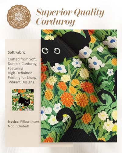 Corduroy Throw Pillow Covers 18x18 - Set of 2 Decorative Spring Pillow Covers with Zipper Farmhouse Decor Cottage Throw Pillowcases for Couch Sofa Living Room Home Bedroom, Cats Flower - color: Three Cats Flower, size: 18" x 18" (Pack of 2)
