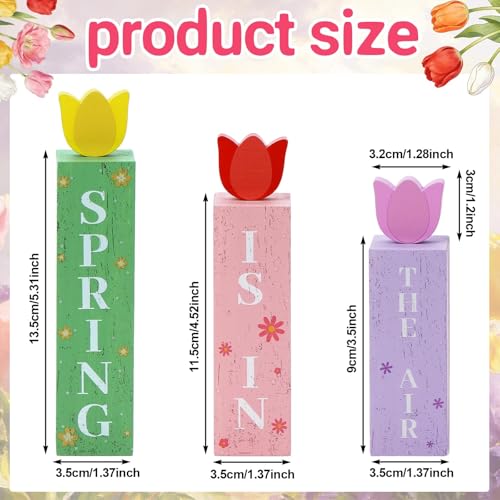 3 Pcs Spring Tulips Wood Table Decor Tulip Flower Block Signs Hello Spring Flowers Table Centerpieces Tulips Spring Holiday Decoration for Home Kitchen Office Desk Easter Decor - style: Spring Tulip