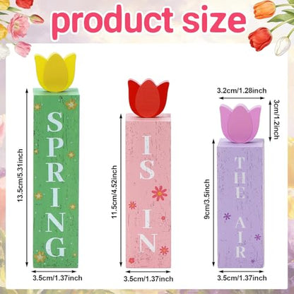 3 Pcs Spring Tulips Wood Table Decor Tulip Flower Block Signs Hello Spring Flowers Table Centerpieces Tulips Spring Holiday Decoration for Home Kitchen Office Desk Easter Decor - style: Spring Tulip
