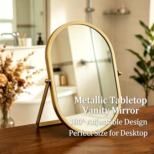Gold Oval Vanity Mirror, 360° Rotation 180° Tilt Adjustable Desktop Makeup Mirror with Metal Frame, Decorative Standing Mirror for Bedroom, Bathroom, Living Room