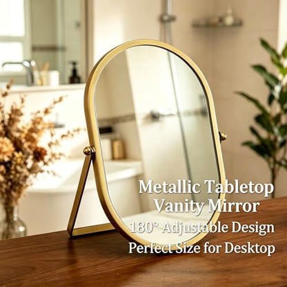 Gold Oval Vanity Mirror, 360° Rotation 180° Tilt Adjustable Desktop Makeup Mirror with Metal Frame, Decorative Standing Mirror for Bedroom, Bathroom, Living Room