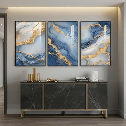 Large Framed Blue Gold White Abstract Wall Art for Living Room, Each 24x36 - color: Blue Gold Flow, size: 24" W x 36" H x 3 pieces