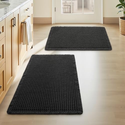 Upgraded Waffle Bath Mat Set of 2 Absorbent Non Slip Bathroom Mat 18" x 30" - color: Black, size: 18" x 30" ( 2 PCS )