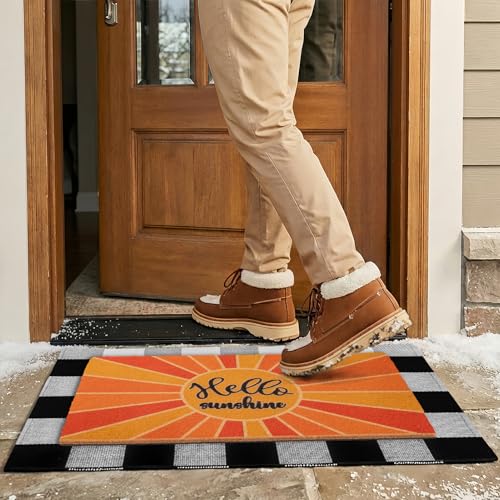 2-Piece Layered Welcome Mat Set - Coir Doormat & Buffalo Plaid Rug - color: Yellow Sunshine