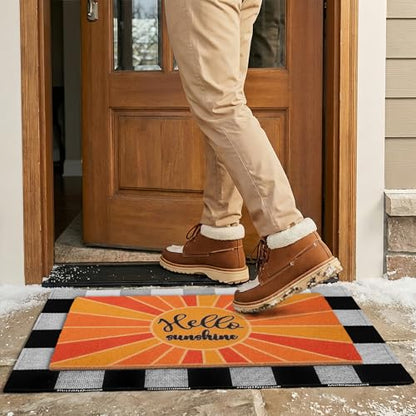 2-Piece Layered Welcome Mat Set - Coir Doormat & Buffalo Plaid Rug - color: Yellow Sunshine
