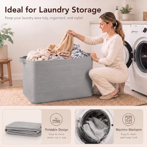 OIASKET 95L Extra Large Blanket Basket, 24" x 16.9" x 14.2" Woven Basket - color: Light Grey, size: 24"x16.9"x14.2"