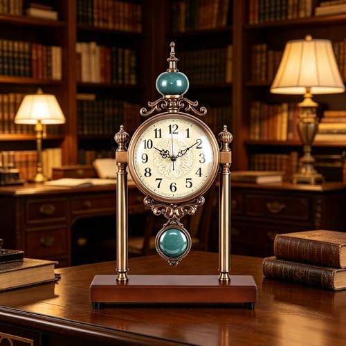 Vintage Mantel Clock, Silent Non-Ticking Table Clock with Pendulum, Luxury Metal & Wood Desk Clock for Living Room, Bedroom, Study Room Decor