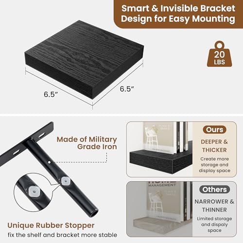 Floating Shelves for Wall, Wall Mounted Wood Shelves, Black, Set of 3, 6.5” - color: Black, size: 6.5"W x 6.5"D , 3 Pack