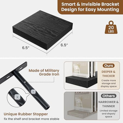 Floating Shelves for Wall, Wall Mounted Wood Shelves, Black, Set of 3, 6.5” - color: Black, size: 6.5"W x 6.5"D , 3 Pack