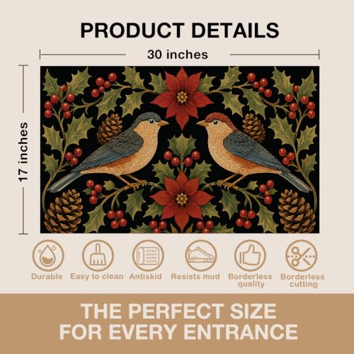 Christmas Bird Floral Faux Coco Coir Doormat Door Mat 17x30 Inch - color: Snow Bird