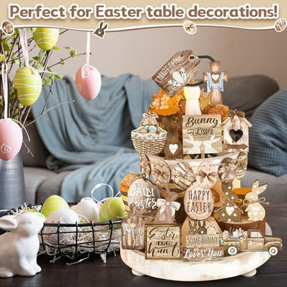 Amyhill 24 Pcs Easter Tiered Tray Decor Bunny Carrot Farmhouse Easter Decorations Spring Wooden Signs Happy Tiered Tray Decor for Home Kitchen Coffee Bar Table Shelf - style: Retro Easter