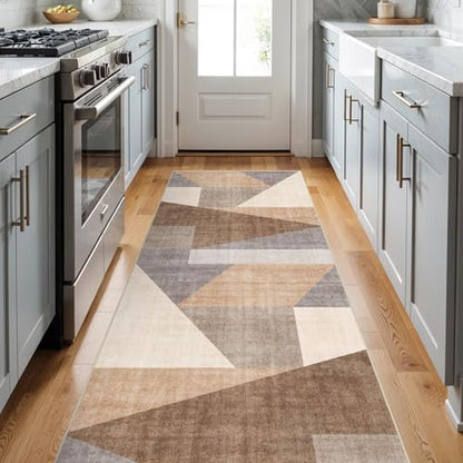 3x8 Washable Geometric Runner Rug - Non-Slip Backing Hallway Rugs Tan Beige - color: Tan Beige, size: 3' x 8' (Rectangular)