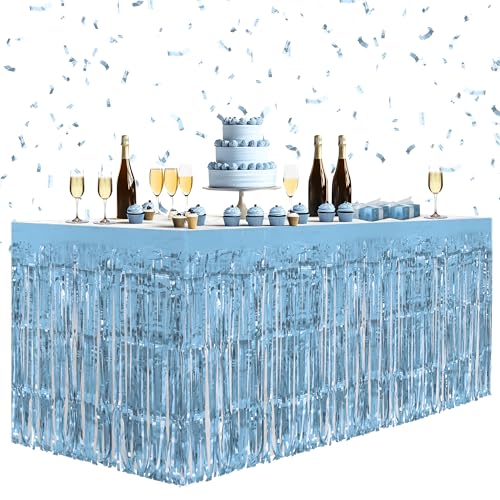 2 Pack Light Blue Table Skirts, 29x108" Metallic Foil Tinsel Fringe Table Skirts for Rectangle Tables Streamer Curtains Backdrop, Party Decorations for Birthdays Weddings Holidays - color: Light Blue
