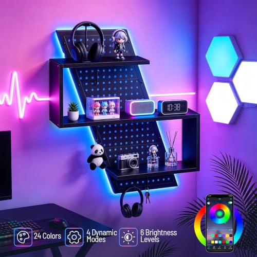 S-Shaped Gaming Floating Shelf with LED Light Strip, 3 Tier Wall Floating Shelf with Pegboard & 4 Removable Hooks, for Bedroom, Game Room, Living Room, Study, Black 999BKSDBJ180 - color: Black