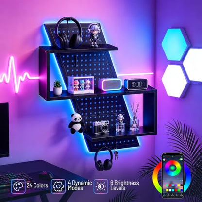 S-Shaped Gaming Floating Shelf with LED Light Strip, 3 Tier Wall Floating Shelf with Pegboard & 4 Removable Hooks, for Bedroom, Game Room, Living Room, Study, Black 999BKSDBJ180 - color: Black
