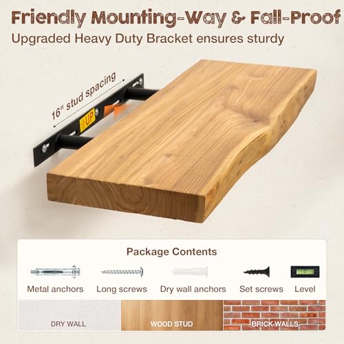 fuqing Live Edge Floating Shelves for Wall, 24 Inch Solid Elm Wood Shelves - color: Natural Elm Live Edge - 8"d, size: 24"L - 2Packs