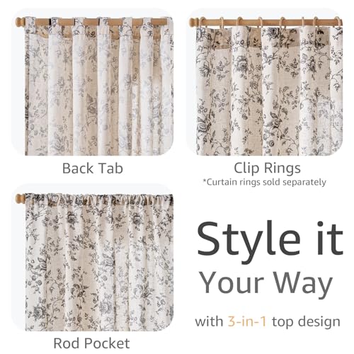 jinchan Linen Curtains 90 inch Black Floral Farmhouse Rod Pocket 2 Panels - color: Amlie Black, size: 50"W x 90"L (Pack of 2)