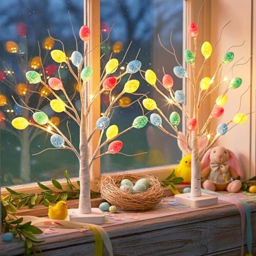 Vanthylit Easter Decorations, 2 Pack Lighted Easter Tree Battery Operated with Timer, 22 Inch LED Birch Tree with 36 Egg Ornaments Indoor Tabletop Centerpiece Light for Home Decor - size: 2pk Easter Tree