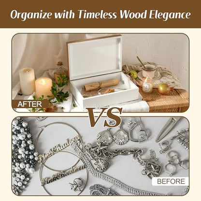 Wooden Keepsake Box - Decorative Floral Wood Boxes with Hinged Lid, Flower Engraved Design, 10.24" W