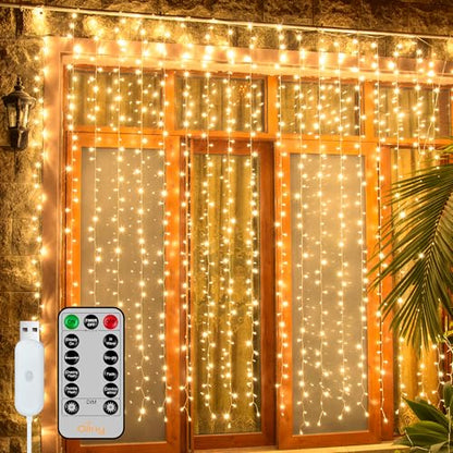 Ollny Curtain Lights 6.6x6.6ft, 200LED String Lights with Remote Warm White - color: Warm White, size: 200 LED