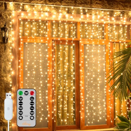 Ollny Curtain Lights 6.6x6.6ft, 200LED String Lights with Remote Warm White - color: Warm White, size: 200 LED