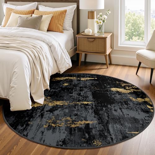 RELEANY Washable Round 4ft Area Rug for Living Room Black Gold - color: Black/Gold, size: 4' (Round)