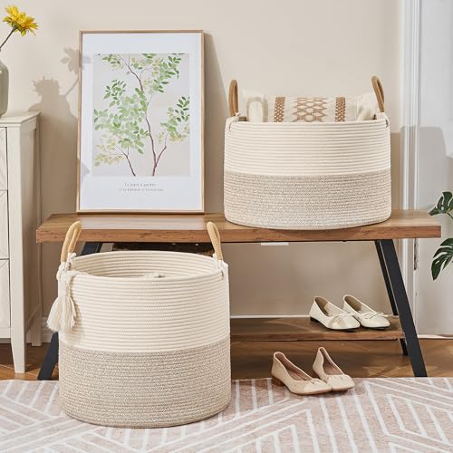 KAKAMAY Large Blanket Basket (18"x18"x16"), Woven Baby Laundry Hamper for Storage, Cotton Rope Basket for Nursery, Laundry, Living Room, Pillows, Baby Toy Chest with Handles (Black Stripes) - color: Brown and White