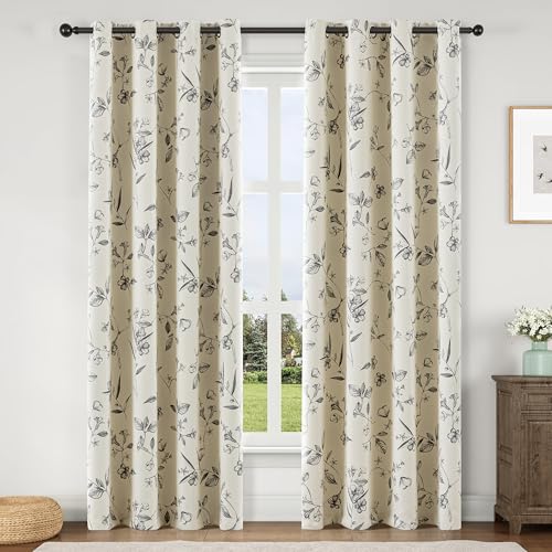 ChrisDowa 100% Blackout Floral Curtains 84 Inches Long 2 Panels,Grey/Beige - color: Grey on Beige, size: 52"W x 84"L (Pack of 2)
