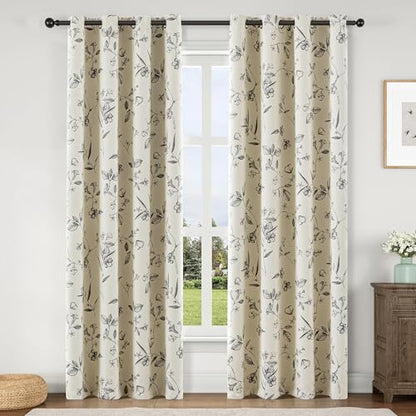 ChrisDowa 100% Blackout Floral Curtains 84 Inches Long 2 Panels,Grey/Beige - color: Grey on Beige, size: 52"W x 84"L (Pack of 2)