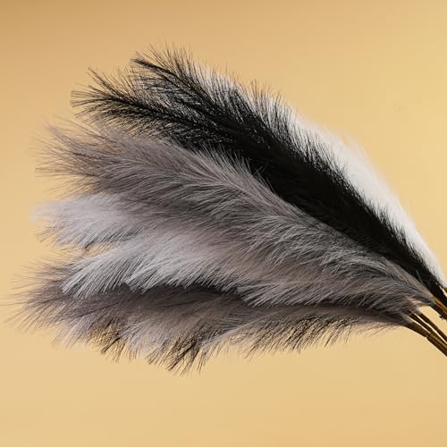 Pampas Grass Decor Tall 6 Pcs 44''/3.7ft Fluffy Large Pompas Grass for Floor Vase Fillers Wedding Living Room Boho Decor Table Centerpiece(Black White Gray)
