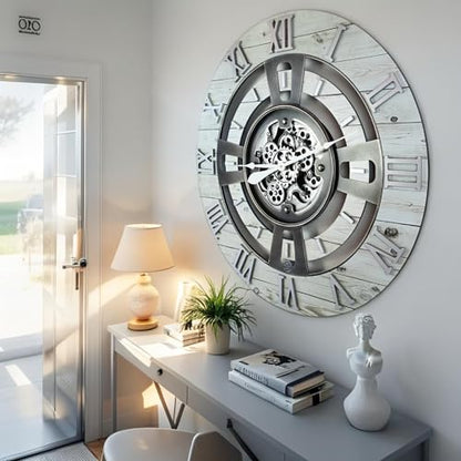 ImprovingLife The Gears Clock Real Moving Gear Wall Clock England Line (White Farmhouse, 24 inches (60 cm)) - color: White Farmhouse, size: 24 inches (60 cm)
