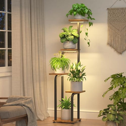 iDavosic.ly Tall Plant Stand Indoor with Grow Lights & Wooden Trays, Brown - color: Brown with Light