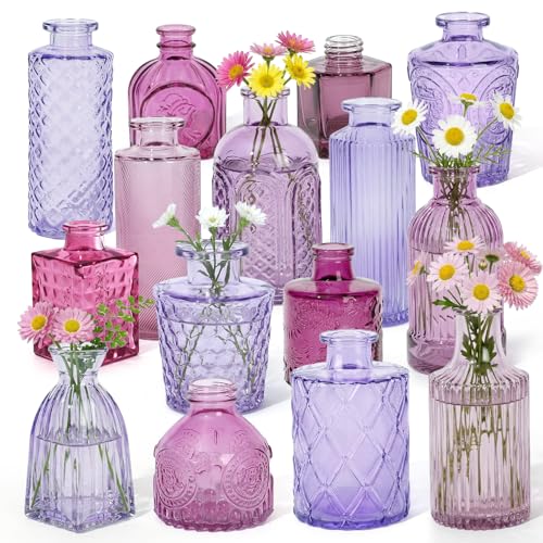Set of 15 Purple Glass Bud Vases Small Textured Flower Vases - color: Purple