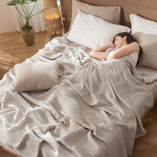 MooMee 100% Cotton Muslin Blanket, Fringed 4-Layer Gauze Bed Couch Throw - color: Cream Grey, size: Twin XL