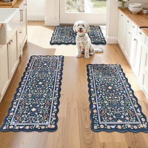 Yamaziot Boho Anti Fatigue Kitchen Rug Set of 3 Scalloped Non-Slip, Blue - color: Blue, size: 17.3"x29"+17.3"x35"+17.3"x47"