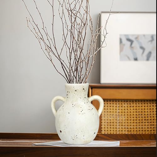 Ceramic Vase with 2 Handles, Rustic Pampas Grass Vase, Vintage Farmhouse Decor 7.5Inch Modern Decorative Flower Ceramic Vase for Home Decor, Table, Living Room Decoration, Office