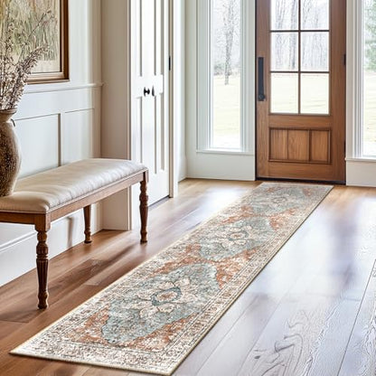 BESTSWEETIE Washable Boho 2x8 Runner Rug for Living Room, Green Brick - color: Green/Brick/Rust Red, size: 8' x 2' (Rectangular)