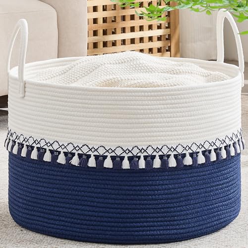 KAKAMAY Large Blanket Basket with Handles, Storage Basket for Living Room - color: Blue Fringe