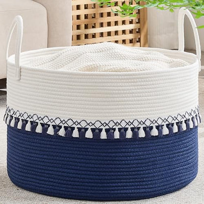 KAKAMAY Large Blanket Basket with Handles, Storage Basket for Living Room - color: Blue Fringe