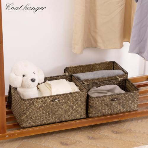 Nonam Wicker Storage Basket with Lid,Seagrass Shelf Basket Set of 3,Coffee - color: Coffee* Set of 3